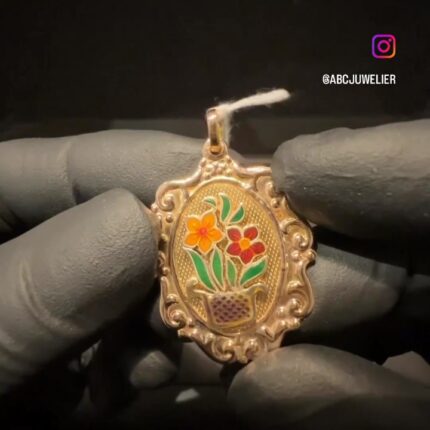 GDH-413 14 kt Vintage geelgouden hanger met bloemen in emaille